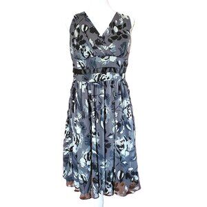 Studio I Gray Black White Floral Midi Dress Women's Sz 10P Surplice Neck Chiffon
